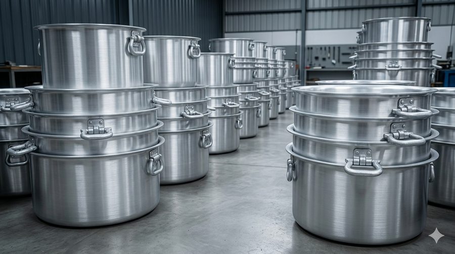 Rows of finished stock pots in clean factory